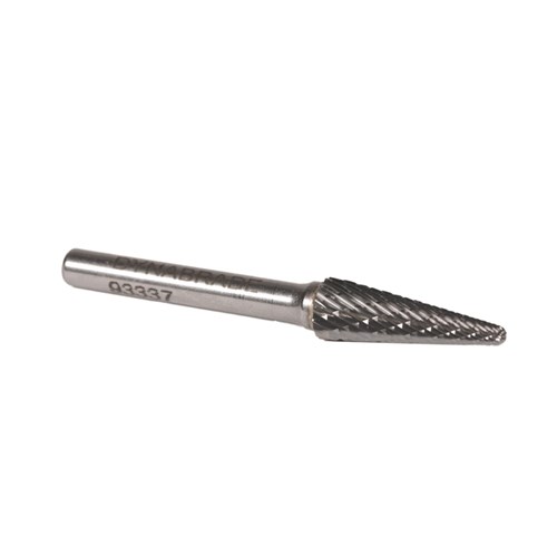 Carbide Burr, 3/8" (10 mm) Dia., SL-3 D/C Burr, Taper-Radiused End, 1-1/16" Flute L, 1/4" Shank