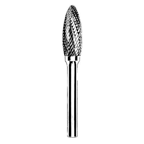 Carbide Burr, 1/8" (3 mm) Dia., SH-41 D/C Burr, Flame Pointed End, 1/4" (6 mm) Flute L, 1/8" Shank
