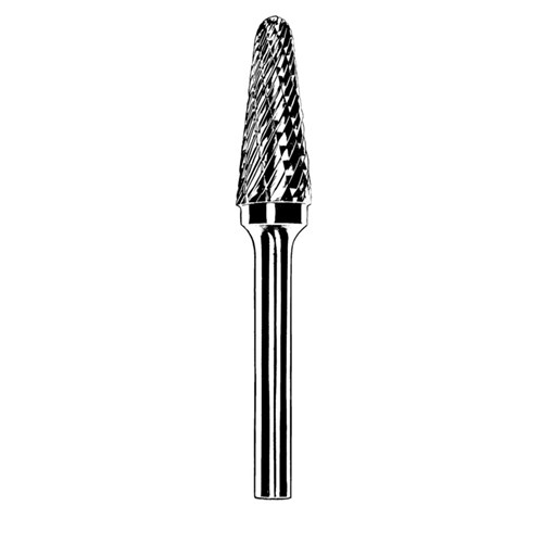 Carbide Burr, 1/8" (3 mm) Dia., SL-42 D/C Burr, Taper-Radiused End, 1/2" Flute L, 1/8" Shank