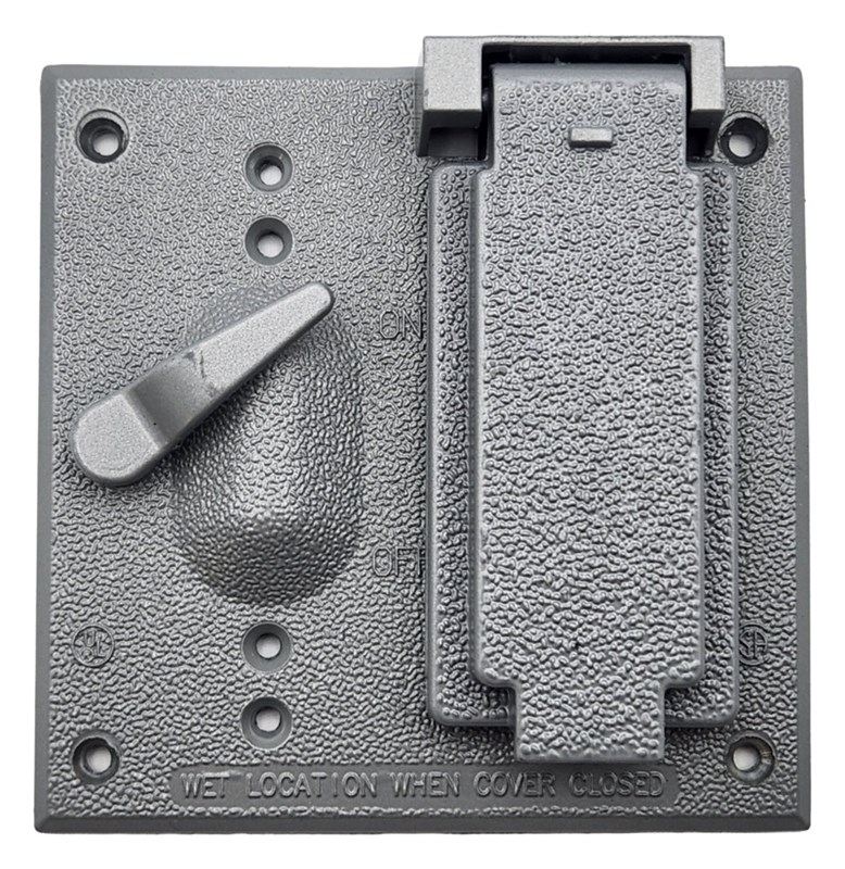 Weatherproof cover with receptacle and lever switch